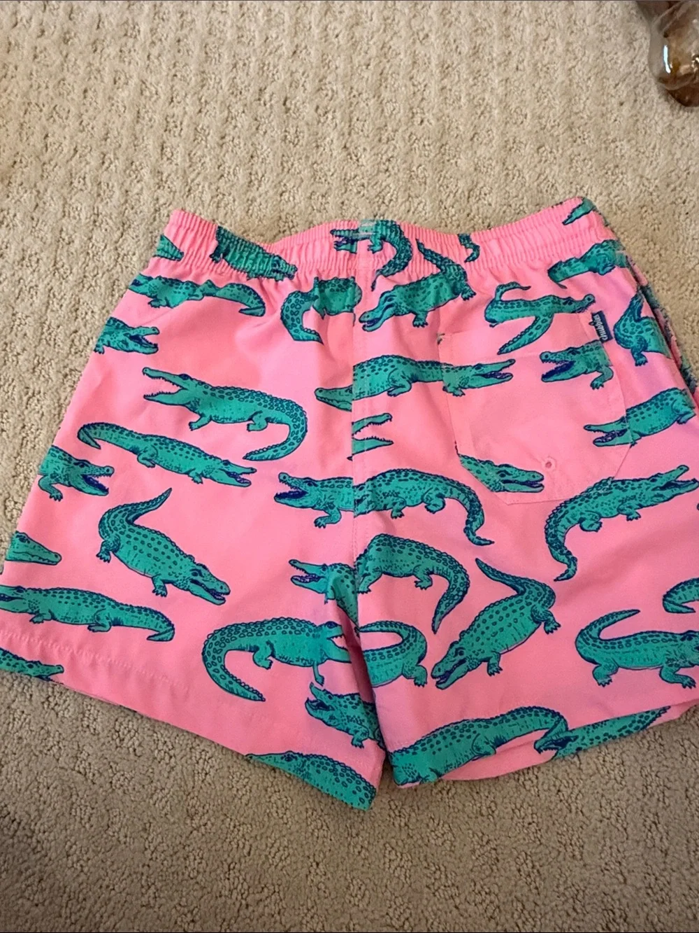 chubbies Pink Swim Shorts with Teal Alligator Accents